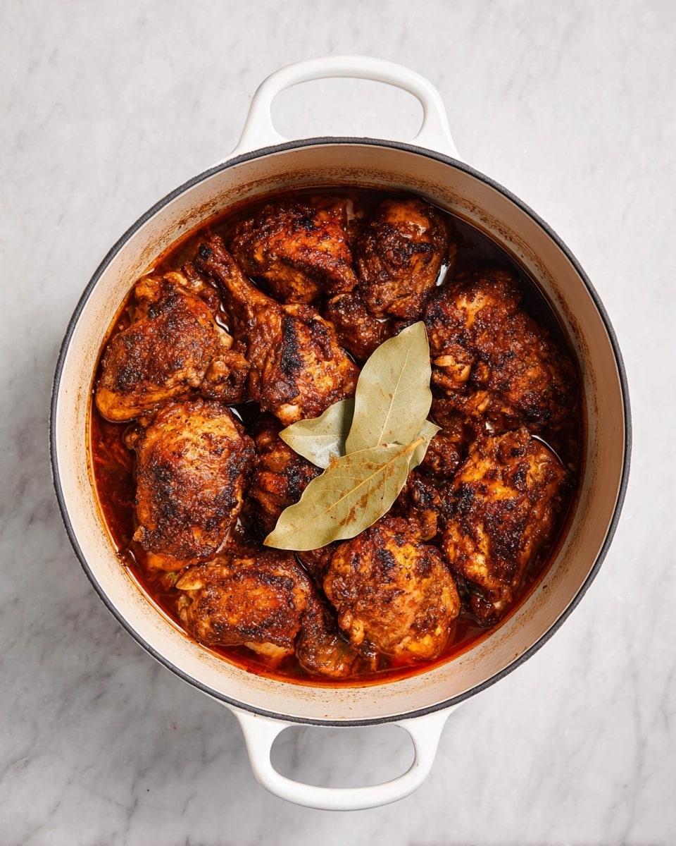 A white pot filled with multiple pieces of browned cooked chicken, each piece showing a crispy, slightly charred texture. The chicken pieces sit in a rich, dark reddish-brown sauce that covers the bottom of the pot. Two light brown bay leaves lay on top in the center. The pot has white handles on both sides and rests on a white marbled surface. photo taken with an iphone --ar 4:5 --v 7