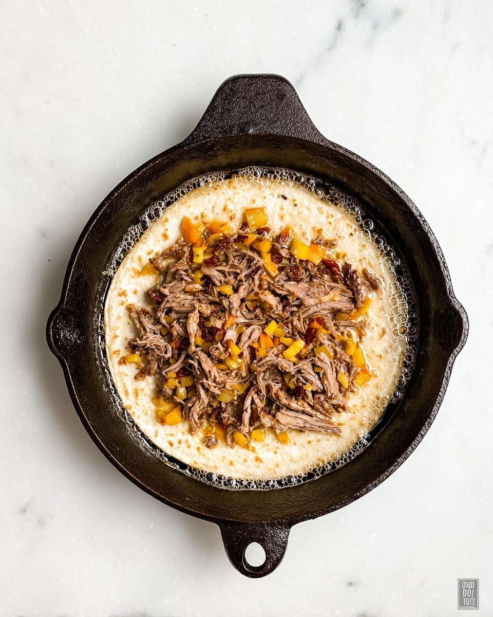 The image shows a cast iron skillet with three layers of food. The bottom layer is white and creamy, covering the base of the pan with a smooth and soft texture. On top of this is a layer of tender shredded brown meat spread evenly in the middle. Mixed within the meat are yellow and light orange soft, cooked vegetable pieces scattered around. The skillet sits on a white marbled surface, and small bubbles of liquid surround the creamy layer, adding a slight shine to the dish. photo taken with an iphone --ar 4:5 --v 7