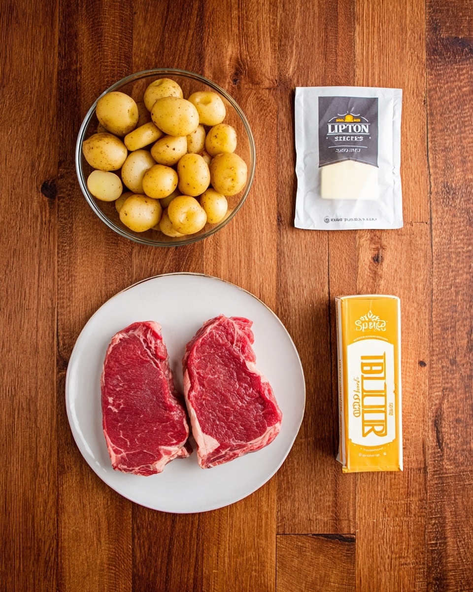 The image shows four main food items arranged on a wooden surface. At the bottom center, there is a white plate holding two raw red steaks with light marbling of fat. At the top left, a clear round bowl is filled with small yellow potatoes that have been sliced in half, showing their smooth yellow interior. To the top right, there is a white packet labeled