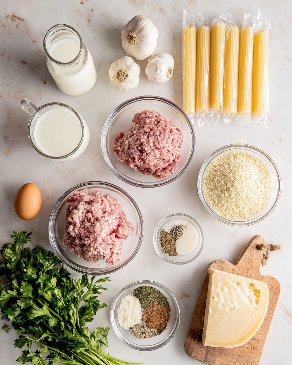 The image shows a top view of various cooking ingredients neatly arranged on a white marbled surface. At the top left, there is a clear glass bottle of milk, next to two whole garlic bulbs. Below them, four individually wrapped pale yellow cheese sticks are laid out horizontally. In the center, there are two clear bowls: one filled with ground pink meat and the other with ground lighter pink meat. To the right of these bowls is another clear bowl filled with light brown breadcrumbs. Below the meat bowls, a small clear bowl holds mixed dry herbs and spices. Near the bottom left, a small clear bowl contains a brown egg. On the right side, a small wooden board holds a wedge of pale yellow hard cheese with some freshly grated cheese beside it. At the bottom right corner, a bunch of fresh green parsley adds a touch of color. A woman’s hand is not seen directly touching anything, just the ingredients are spread out. Photo taken with an iphone --ar 4:5 --v 7