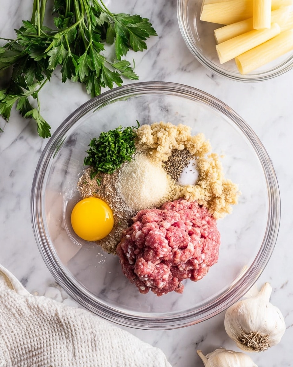 A clear glass bowl on a white marbled surface holds several ingredients ready to be mixed: a mound of pink ground meat on the right, a beige crumbly mixture below and to the left, a small pile of chopped green herbs to the left, a whole raw yellow egg yolk near the center, and a sprinkle of white and black spices above the egg. To the top right side, another clear glass bowl contains several pale yellow, cylindrical pieces. Fresh green parsley and two whole garlic bulbs sit on the marbled surface along the left edge, adding a fresh touch. A white textured cloth is partly visible in the bottom left corner. photo taken with an iphone --ar 4:5 --v 7