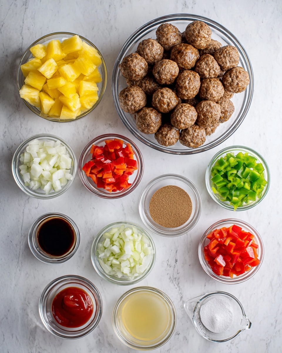 A top view of ingredients laid out on a white marbled surface, centered by a large clear glass bowl filled with many round, brown meatballs with a textured surface. Surrounding the bowl are ten small clear glass bowls arranged in a loose circle, holding bright yellow pineapple chunks, bright green chopped bell peppers, diced white onions, chopped red bell peppers, dark soy sauce, red ketchup, white sugar, light brown granulated sugar, pale yellow vinegar, and light yellow pineapple juice in a small glass measuring cup. The colors are vivid and the textures range from smooth liquids to chunky diced vegetables and dense meatballs, all shown clearly with natural lighting, photo taken with an iphone --ar 4:5 --v 7
