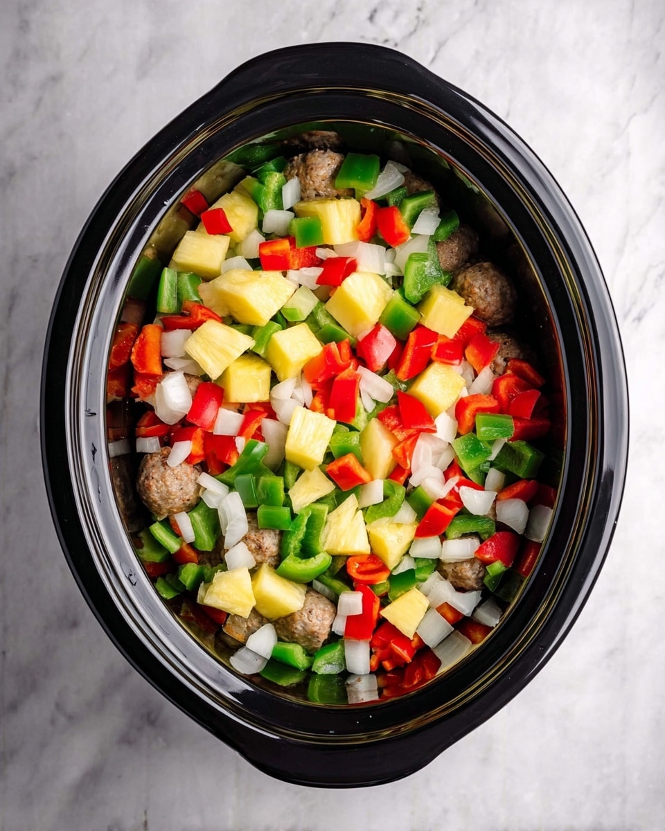 A black slow cooker filled with a colorful mix of chopped vegetables and small meatballs. The bottom layer shows light brown meatballs partly visible under a thick layer of diced white onions, green bell peppers, red bell peppers, and bright yellow chunks of pineapple. The bright colors of the vegetables and pineapple contrast with the deep black of the slow cooker, set on a white marbled surface. The ingredients are evenly spread, creating a fresh and vibrant look photo taken with an iphone --ar 4:5 --v 7