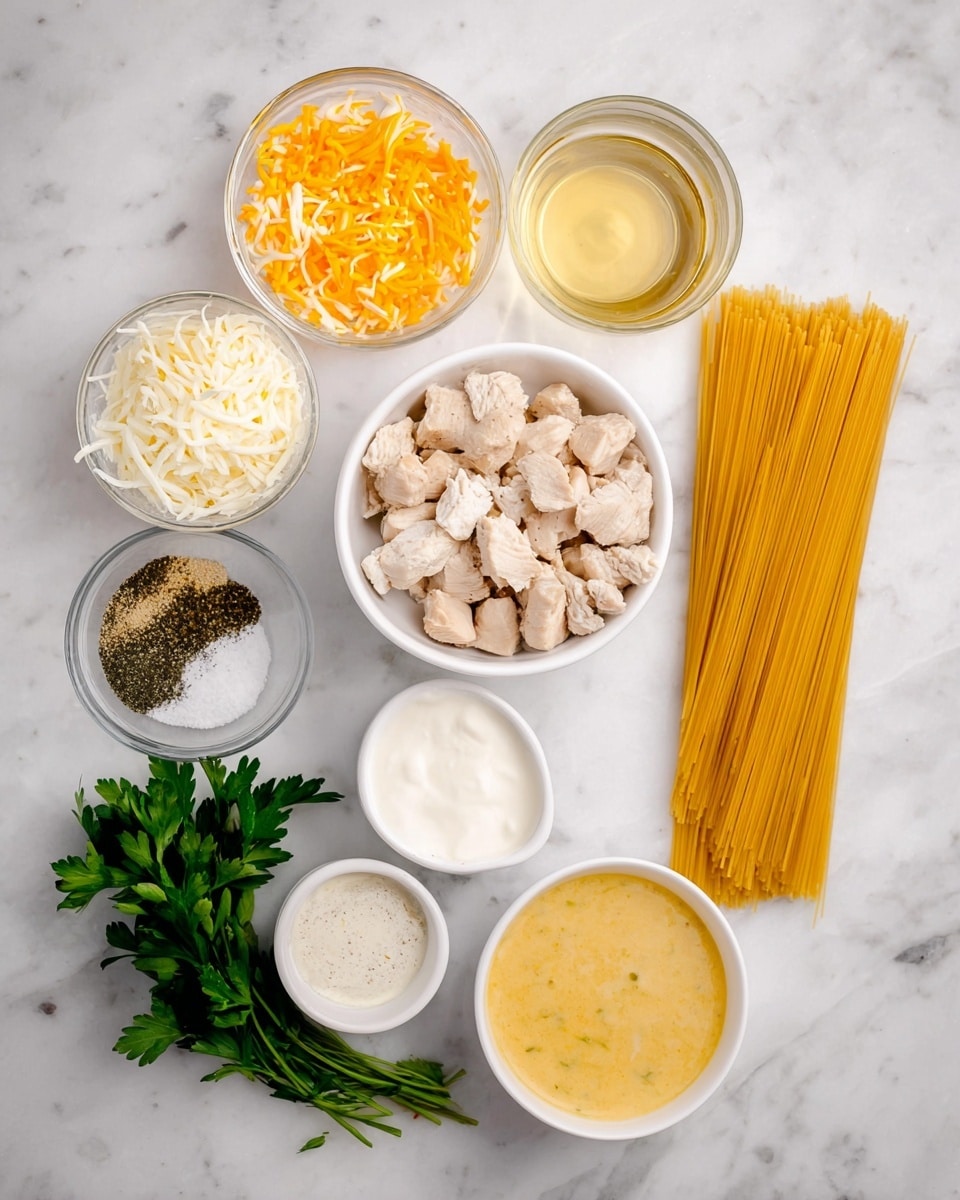 The image shows an arrangement of ingredients on a white marbled surface. There are nine elements: a bunch of green parsley on the lower left, a white bowl filled with chopped light brown cooked chicken pieces above it, a bundle of uncooked yellow spaghetti pasta positioned to the right of the chicken, and a small white bowl nearby holding a mix of white and black seasonings. Above the chicken and pasta, there are two small clear bowls with shredded cheeses, one with orange shredded cheese and the other with white shredded cheese. Next to the cheeses, a glass container holds a golden-yellow liquid, and beside it, another glass bowl contains white cream. Finally, on the right side, two white bowls contain sauces, one light beige with chunks and another bright yellow creamy texture. All elements are neatly spaced and captured with even lighting. photo taken with an iphone --ar 4:5 --v 7