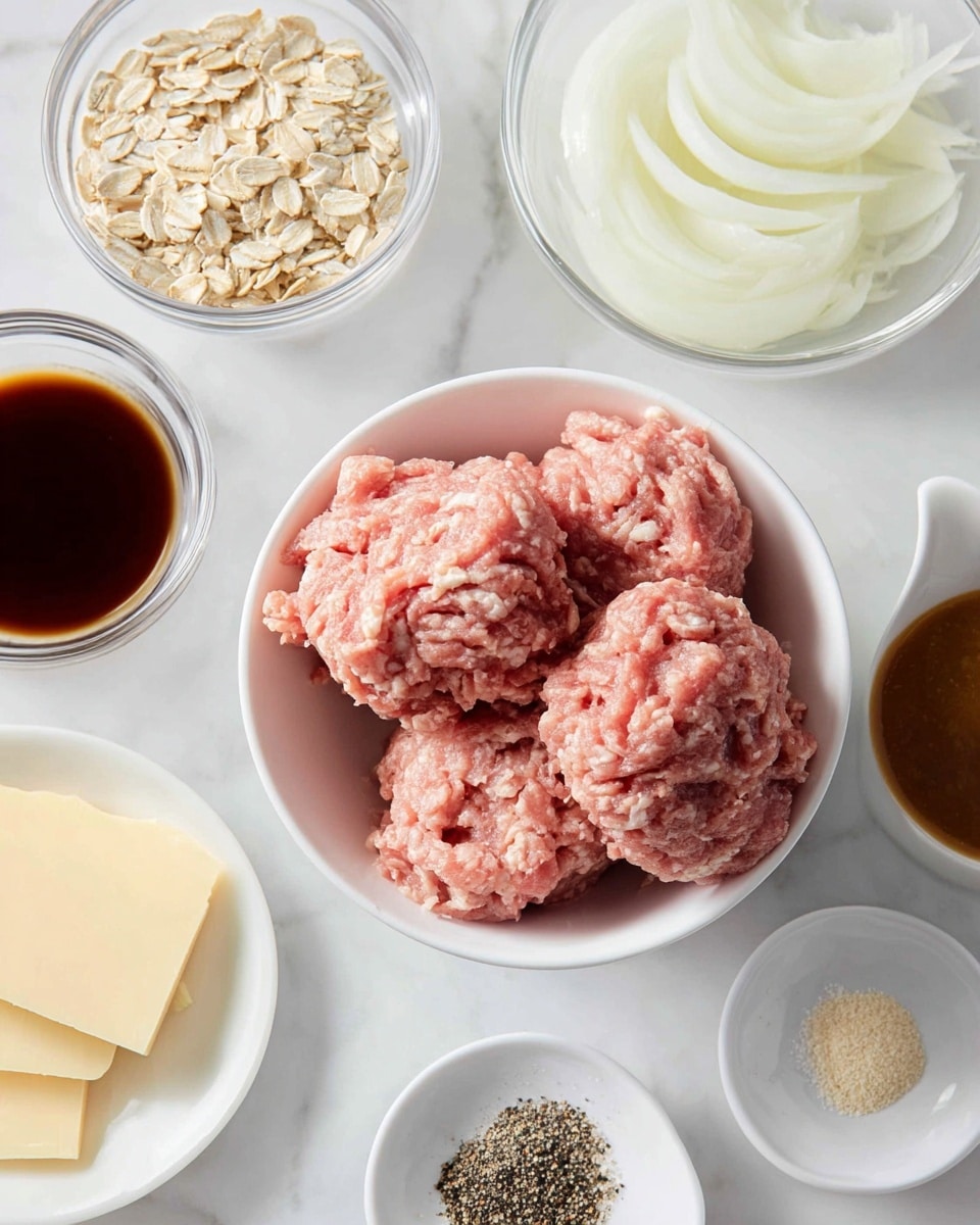 A white bowl in the center holds three large, clumpy pieces of raw ground meat with a soft, pink texture. Surrounding the bowl are smaller white dishes and clear bowls with various ingredients: to the left is a small clear bowl of dry oatmeal flakes, below it is a white dish with pale yellow cheese slices stacked thinly, and beside it a small white bowl with a dark brown liquid. To the right of the meat bowl is a clear bowl filled with thinly sliced white onions, above it a small white dish holds a rich brown sauce, and below the onion bowl is another white dish with coarse black pepper and a light beige powder side by side. The surface is a clean white marbled texture with soft, natural lighting. photo taken with an iphone --ar 4:5 --v 7