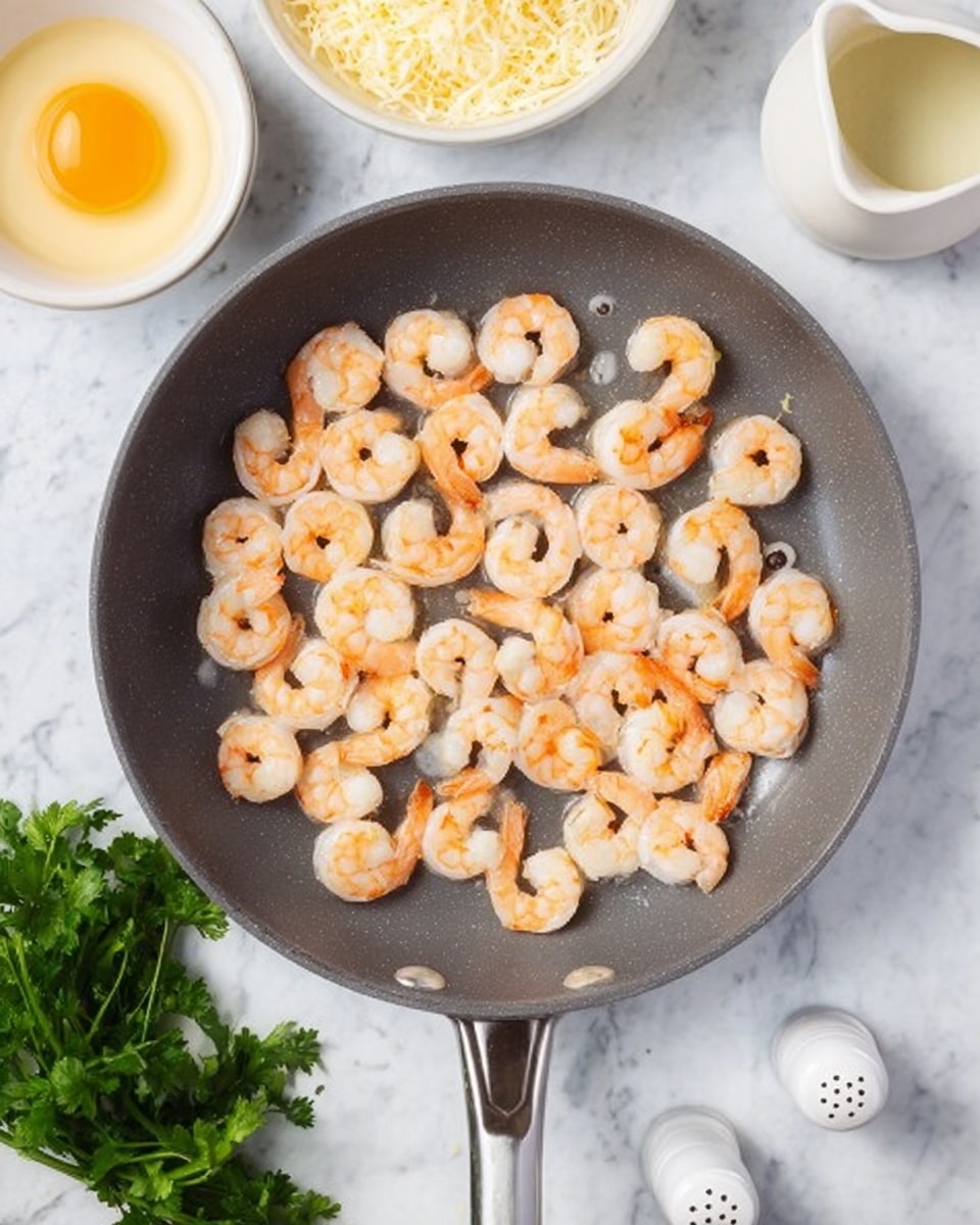 A gray non-stick frying pan filled with two even layers of small cooked shrimp, light pink with some hints of orange, evenly spaced across the pan's surface, sitting on a white marbled texture background. Around the pan, there is a white bowl with a raw egg yolk in the center bottom left, a white bowl with shredded cheese on the top left, a white pitcher of cream on the top right, fresh green parsley leaves at the bottom left, and two small white salt and pepper shakers near the bottom center. Photo taken with an iphone --ar 4:5 --v 7