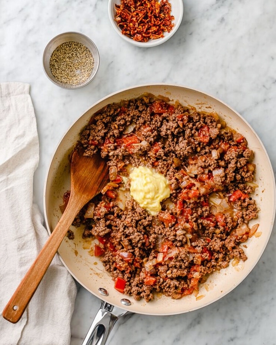 A white pan sits on a white marbled surface filled with cooked ground meat mixed with pieces of red tomato and small bits of onion, with a dollop of light yellow mustard, salt, and black pepper on top in the center. A wooden spoon rests inside the pan with its handle angled outwards to the right. Behind the pan, two small white bowls hold more mustard and crispy reddish-brown bits, all placed on the white marbled surface. photo taken with an iphone --ar 4:5 --v 7