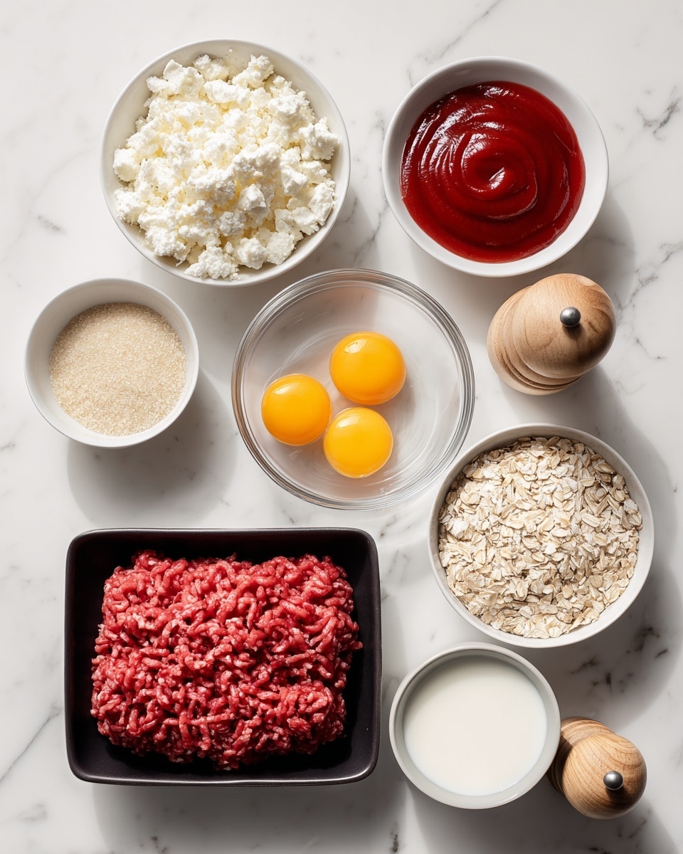 The image shows several ingredients arranged neatly on a dark wooden surface. In the center bottom is a black tray filled with raw ground red meat, showing visible texture lines. Above it, slightly to the left, is a white bowl with a crumbly white cheese inside. Above that, directly at the top left, is a small white bowl filled with bright red ketchup. Next to the ketchup, towards the right top, is another small white bowl containing fine breadcrumbs. To the right of the cheese bowl, there is a small clear glass bowl holding two raw eggs with bright yellow yolks visible. Below the eggs and slightly left is a tiny white bowl of white milk. Further down, on the right side, there is a small white dish filled with light beige oats or flakes. Next to it on the right is a small round container with a dark liquid, likely soy sauce. At the bottom right corner are two small wooden salt and pepper shakers. All items are arranged symmetrically on a warm brown wooden surface. photo taken with an iphone --ar 4:5 --v 7
