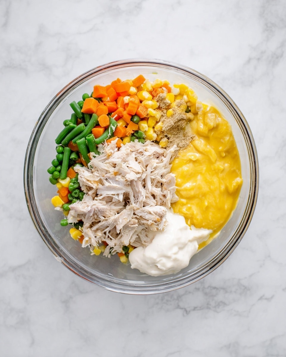 A clear glass bowl sits on a white marbled surface, holding five separate layers of ingredients. In the top left section, there is a mix of green beans, corn, peas, and small orange carrot pieces with a sprinkle of light brown powder. Below that, shredded light beige chicken fills the bottom left area next to a dollop of smooth white cream. On the right side, there is a thick pale gray mash beside a bright yellow smooth mixture, completing the circle inside the bowl. Photo taken with an iphone --ar 4:5 --v 7