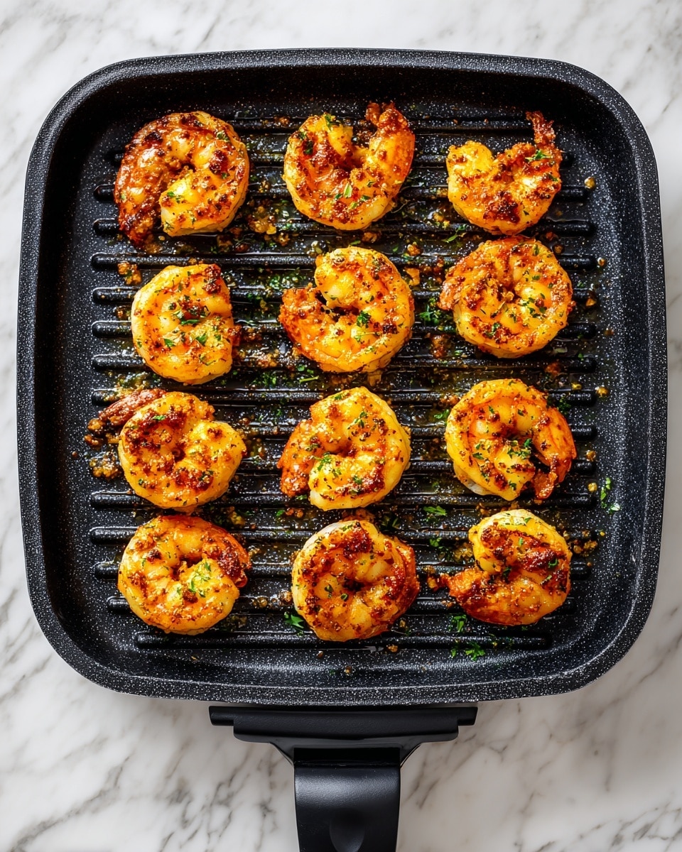 A black grill pan filled with nine grilled shrimp pieces, arranged neatly in three rows of three. Each shrimp is coated with a golden-brown seasoning that looks crispy and slightly textured, with hints of herbs and spices scattered on and around them. The pan has visible grill lines running horizontally and a matte, slightly rough surface. The background is a white marbled texture. photo taken with an iphone --ar 4:5 --v 7