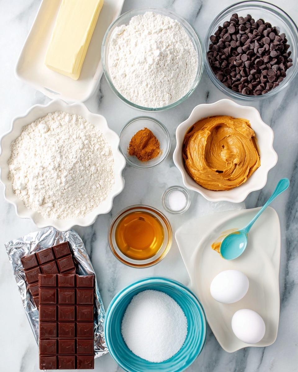 The image shows various baking ingredients arranged neatly on a white marbled surface. There's a full white scalloped bowl filled with light beige flour in the top left, a white plate holding a rectangular block of pale yellow butter below it, and two white eggs placed near the center. To the right, there is a white bowl filled with dark brown chocolate chips in front, a small white bowl with amber-colored vanilla extract above it, and a glass container filled with rich brown cocoa powder. A large rectangular dark chocolate bar is placed near the upper right. Two small blue bowls with salt and baking soda are positioned throughout. At the bottom right, a light blue measuring spoon holds smooth orange peanut butter, and nearby, a white bowl contains soft white cream. A white bowl with powdered sugar sits near the bottom left. Photo taken with an iphone --ar 4:5 --v 7
