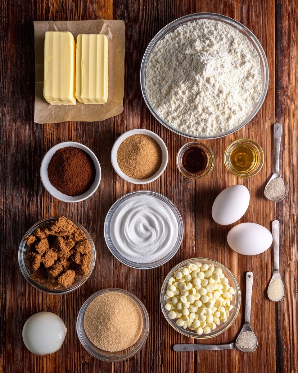 The image shows a top view of various baking ingredients laid out neatly on a wooden surface. On the top left, there are two sticks of soft yellow butter on a small rectangular parchment. To the right, a large clear bowl is filled with white flour that has a soft, powdery texture. Below the butter, a small white bowl holds brown cocoa powder, and next to it, a clear bowl contains light brown sugar with a crumbly texture. Below that, another clear bowl is full of white granulated sugar arranged in a smooth swirl pattern. Further down, a small white bowl holds crumbled brown cookies. At the bottom center, two white eggs rest on the wood. To the right, a clear bowl is filled with white chocolate chips that are small and round. Next to it, small glass containers hold a light yellow liquid and dark brown vanilla extract. Nearby, there are four measuring spoons with wooden handles, lying side by side in descending size order, with the spoon heads pointing left. On the right, a small glass bowl contains a light brown smooth paste. The overall layout is tidy, with each ingredient clearly visible and spaced out. The photo is taken with an iphone --ar 4:5 --v 7
