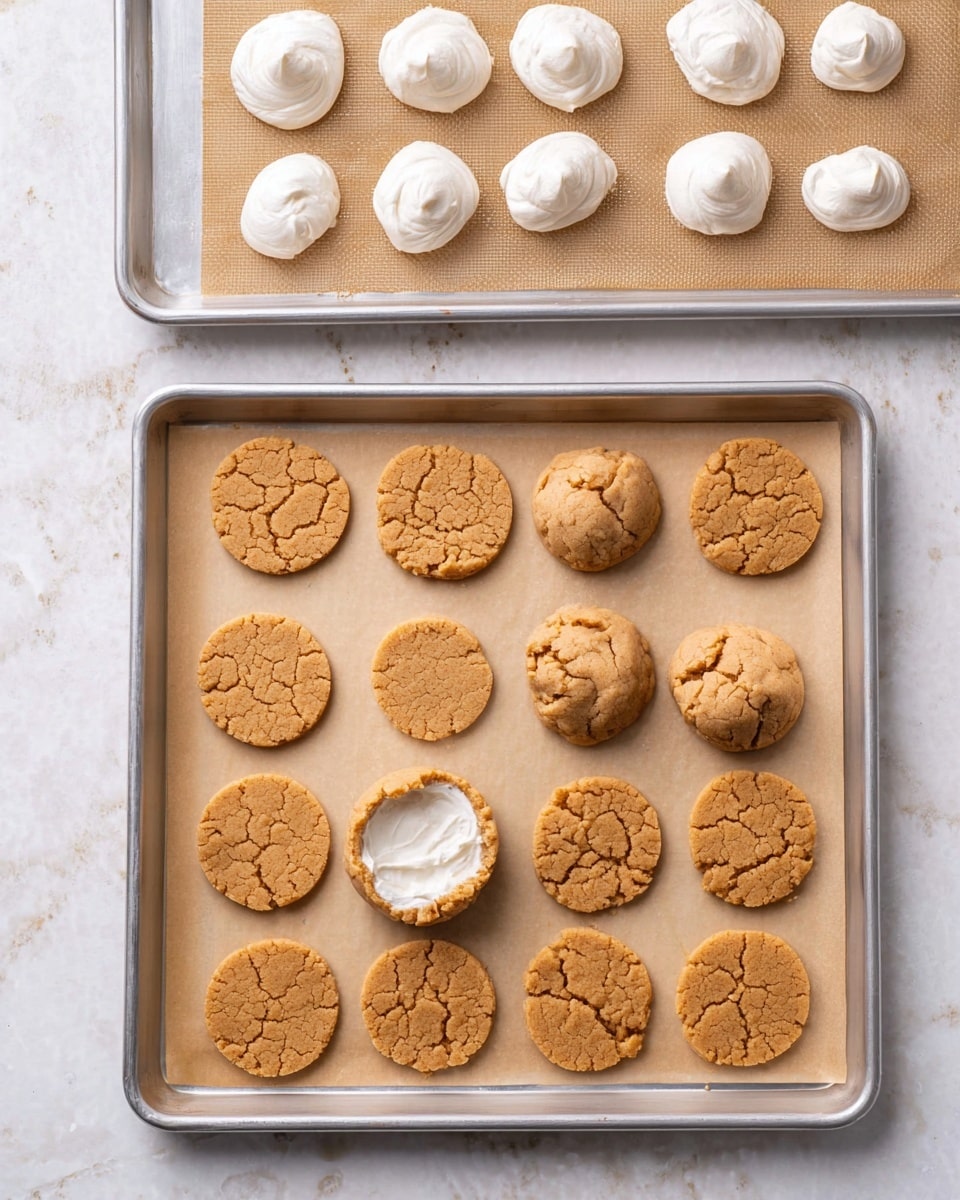 A metal baking tray on a white marbled surface holds twelve flattened cookie dough circles in a light brown color, each with a rough edge texture and some small cracks. One dough piece near the top center is gathered to form a shallow bowl shape, revealing a white cream filling inside, and one dough ball next to it remains unflattened and smooth. Above this tray, a second metal tray lined with parchment paper holds small, round dollops of thick white cream evenly spaced. The overall scene looks like the middle step in making filled cookies. photo taken with an iphone --ar 4:5 --v 7