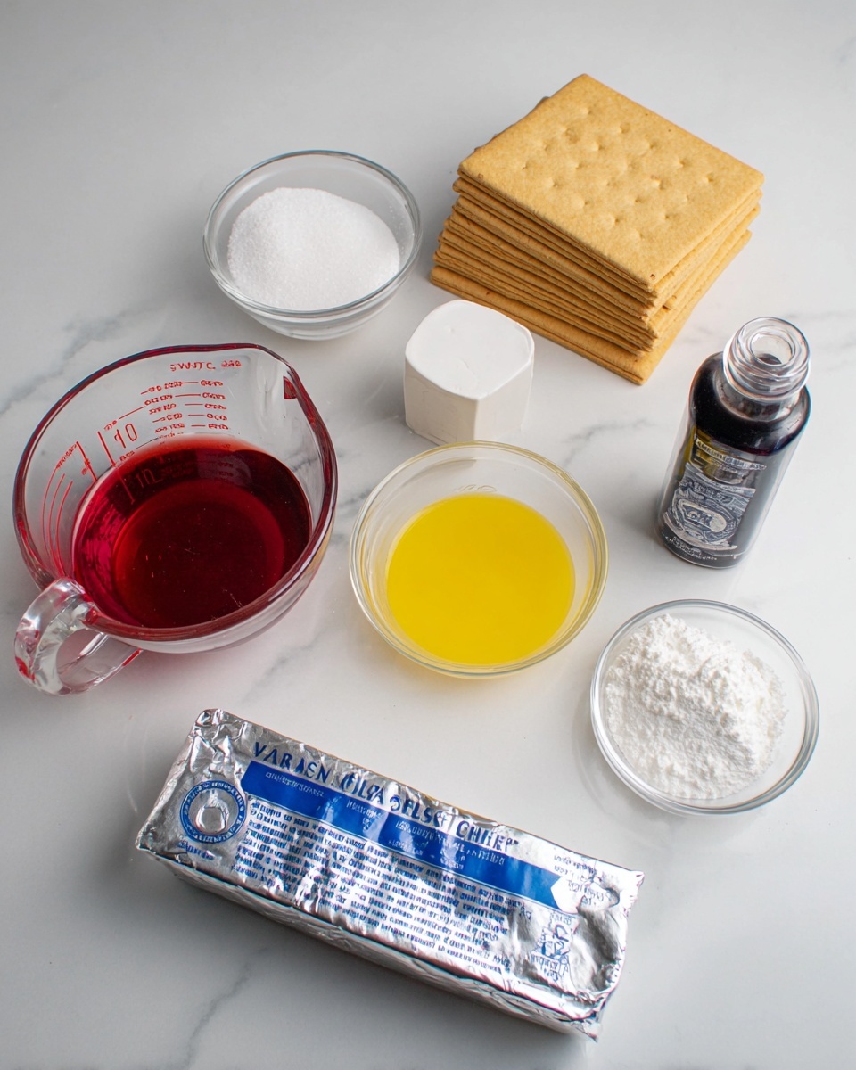 No Bake Strawberry Cheesecake Delight Recipe 4 The image shows several separate ingredients placed on a white marbled surface. At the back, there is a stack of light brown rectangular graham crackers. In front, on the left side, there is a clear glass measuring cup filled with a dark red, thick liquid, and next to it, a smaller clear glass measuring cup holds a bright yellow liquid. A white container with a lid is positioned beside the red liquid cup. Near the bottom center, there is a small clear glass bowl filled with white powdered sugar, and beside it, a foil-wrapped block of cream cheese with blue text. A small round clear glass bowl contains granulated white sugar, and a dark blue bottle labeled vanilla extract is placed near the center. All items stand out clearly against the clean white marbled background. photo taken with an iphone --ar 4:5 --v 7