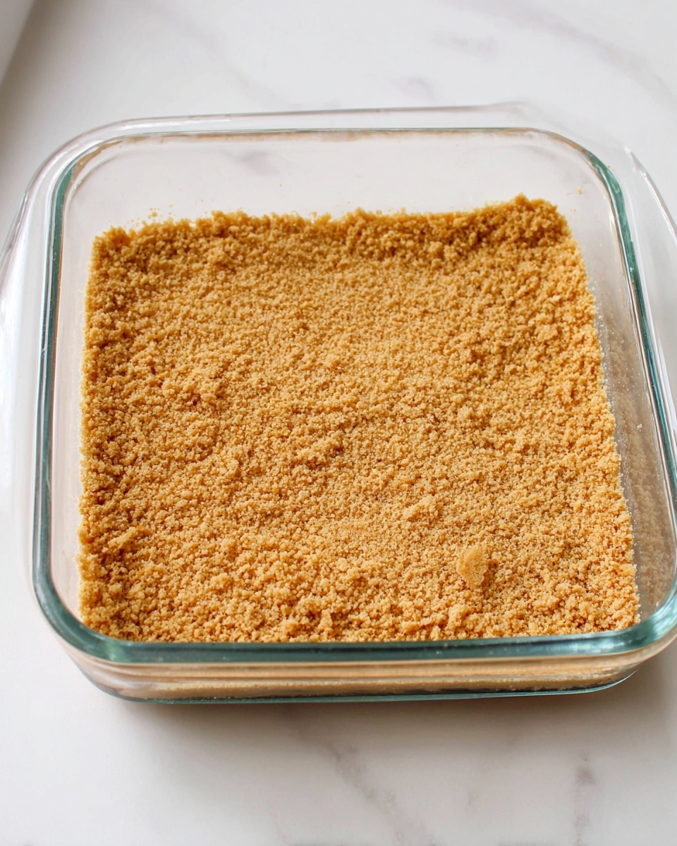 No Bake Strawberry Cheesecake Delight Recipe 5 A square glass dish sits on a white marbled surface, filled with a single layer of finely crushed golden brown crumbs pressed evenly to cover the bottom. The crumb layer has a slightly rough texture with small, uneven clumps visible across the surface. The dish edges are clear, showing the neat, flat layer inside. Photo taken with an iphone --ar 4:5 --v 7