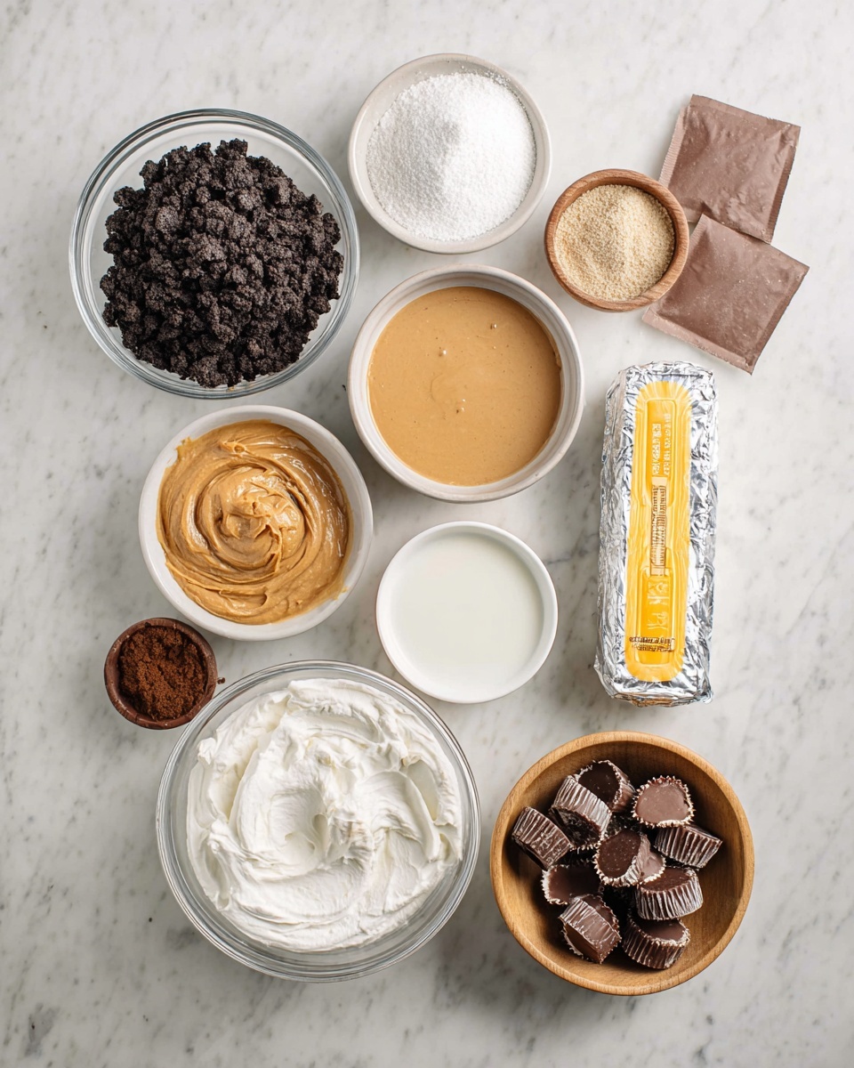 Reese's Lasagna Recipe 4 The image shows a flat lay of various baking ingredients arranged neatly on a white marbled surface. There is a clear glass bowl filled with dark crushed cookies in the bottom left, next to a white bowl of smooth whipped cream at the bottom center. Above the whipped cream is a small white bowl of creamy peanut butter, while to its right is a small white bowl with dark syrup. A wooden bowl filled with mini peanut butter cups is placed at the bottom right. Moving upward, there is a stick of unsalted butter in yellow wrapping near the center, with a foil-wrapped block of cream cheese to the right. Two small brown paper packets of cocoa powder are placed near the top right. Above the crushed cookies is a small wooden bowl of white powdered sugar, and above that, a small ceramic bowl filled with a white liquid, likely milk. The overall color palette mixes dark brown, white, beige, and yellow tones, with all ingredients clearly visible and well spaced. photo taken with an iphone --ar 4:5 --v 7