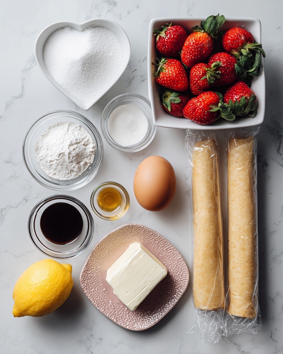 The image shows an overhead view of various baking ingredients placed on a white marbled surface. There is a small white heart-shaped dish filled with white sugar at the top left. To the right, a white square bowl is filled with bright red strawberries with green leaves. Below the sugar, a small clear bowl contains white salt. Next to it, a clear bowl holds a whole brown egg. To the right side, two rolled refrigerated pie crusts wrapped in clear plastic lie vertically. Below the egg, a small clear bowl contains white cornstarch. Next to cornstarch, a small clear bowl holds dark brown vanilla extract. Near the bottom left, a whole yellow lemon is present. Lastly, at the bottom center, a small pink plate with a textured pattern holds a block of white cream cheese. Photo taken with an iphone --ar 4:5 --v 7