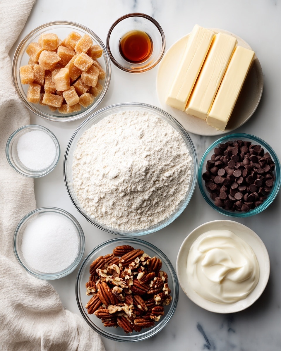 A top-down view of a white marbled surface with several clear glass bowls arranged neatly. In the center is a large bowl filled with white all-purpose flour. Surrounding it, clockwise from top left, is a bowl full of caramel bits in a light brown color, next is three sticks of butter stacked together, a small bowl with white salt, a medium bowl with fine white sugar, another medium bowl with chopped pecans showing brown and cream nut pieces, a small bowl with white powdered sugar, a medium bowl filled with round, smooth dark brown chocolate chips, and a small bowl with off-white heavy cream. A small bowl with dark amber vanilla extract is placed near the top center. A soft white cloth is partially visible on the left side of the image. photo taken with an iphone --ar 4:5 --v 7