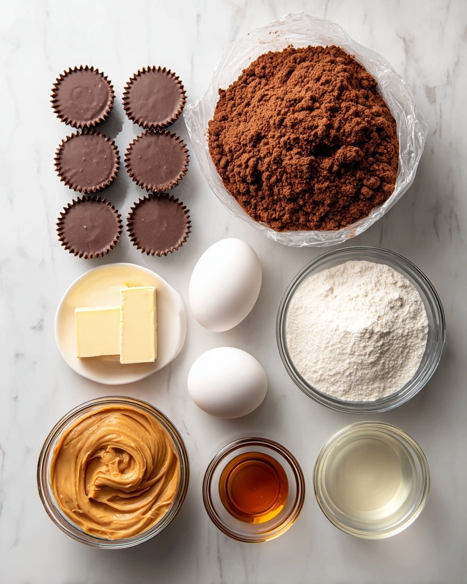 A top-down view of all ingredients neatly arranged on a white marbled surface. There are four Reese's peanut butter cups in their brown paper liners positioned at the top left. Below them is a large transparent plastic bag filled with family-size brownie mix, showing a rich cocoa powder color. To the right of the peanut butter cups is a small clear glass bowl filled with heavy cream. Below the cream, two white eggs are side by side, with a yellow stick of unsalted butter resting beside them. A clear glass bowl full of white powdered sugar is near the center, next to a small white bowl holding amber-colored vanilla extract. Near the bottom left is an open jar of creamy peanut butter showing a smooth orange-brown color. To its right is a clear glass measuring cup with pale yellow vegetable oil and next to that a small clear bowl with water. All items are evenly spaced, clean, and clearly visible, photo taken with an iphone --ar 4:5 --v 7