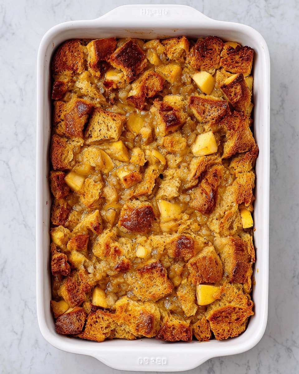 The image shows a rectangular white baking dish filled with a baked bread pudding that has a golden brown crust on top. The pudding is made of multiple layers of soft, browned bread pieces mixed with chunks of pale yellow apples evenly spread throughout. The top layer is slightly crispy and browned with visible pockets of soft bread and apple pieces. The dish is placed on a white marbled surface. photo taken with an iphone --ar 4:5 --v 7