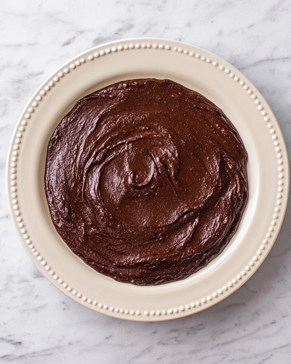 A single thick layer of dark brown chocolate batter with a smooth, slightly glossy, and dense texture spreads evenly on a round white plate with a raised dotted edge. The batter's surface shows swirling patterns and gentle peaks, creating a rich, creamy look. The plate sits on a white marbled surface. photo taken with an iphone --ar 4:5 --v 7