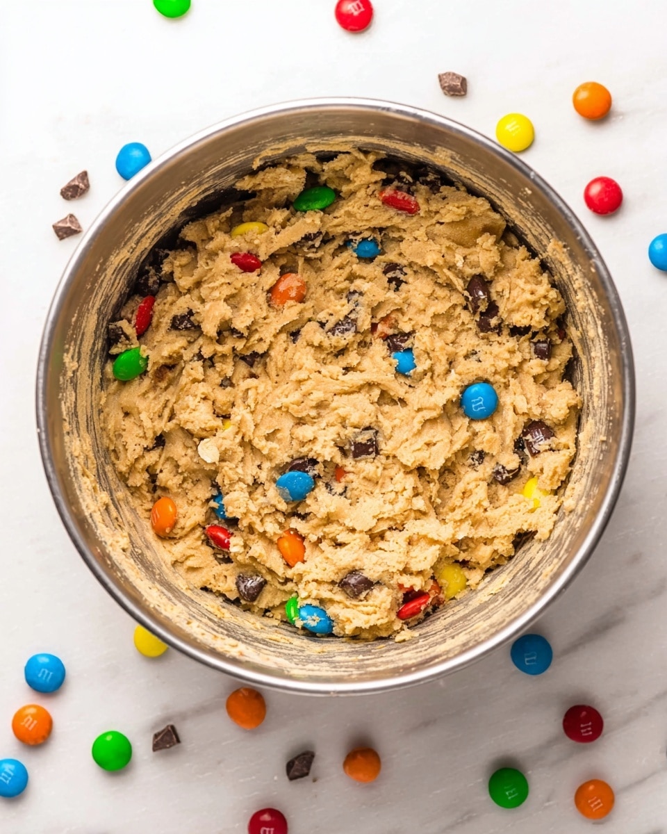 A metal mixing bowl filled with thick, light brown cookie dough that has small dark chocolate bits and colorful red, blue, green, yellow, and orange candy pieces mixed in throughout. The dough has a rough texture with visible oats, and the sides of the bowl are coated in sticky dough. Scattered around the bowl on a white marbled surface are loose colorful candy pieces in similar colors to those in the dough. Photo taken with an iphone --ar 4:5 --v 7