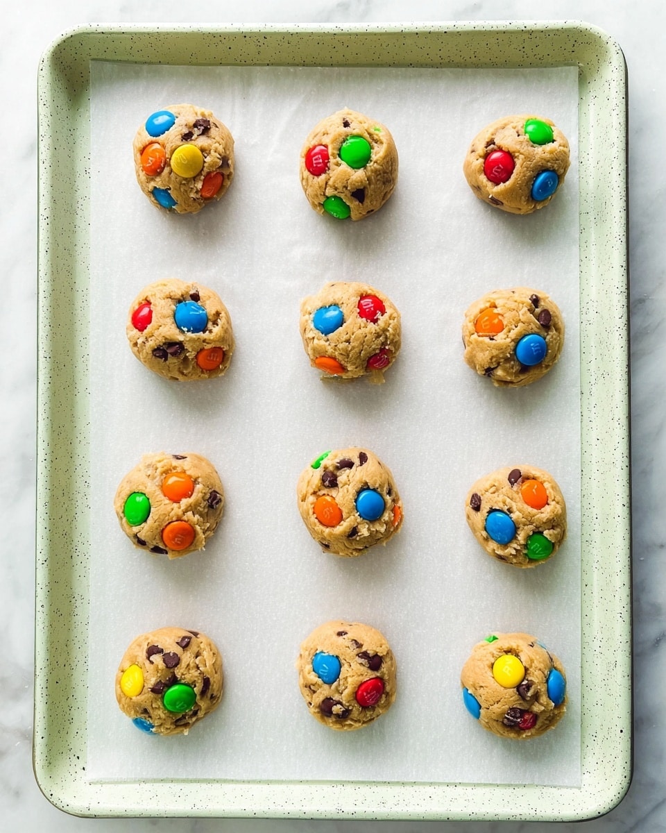 Twelve cookie dough balls are placed evenly spaced in a 3 by 4 grid on a baking tray lined with white parchment paper. Each dough ball is light brown with visible chocolate chips mixed throughout. On the surface of each dough ball, colorful candy-coated chocolates in blue, green, orange, red, and yellow are pressed into the dough, adding bright spots of color. The baking tray has a pale greenish color with small dark speckles, and the background is a white marbled texture. Photo taken with an iphone --ar 4:5 --v 7