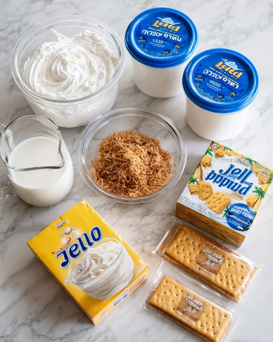 The image shows six main items arranged on a white marbled surface: two white containers of Cool Whip whipped topping with blue lids, a clear glass measuring cup filled with whole milk, a small clear glass bowl with toasted brown coconut flakes, two small boxes of Jell-O coconut instant pudding with cream-yellow packaging, and three packs of golden-brown graham crackers still in their clear packaging. The items are spaced evenly and clearly labeled with black text above or beside each one, creating a neat and organized layout. Photo taken with an iphone --ar 4:5 --v 7