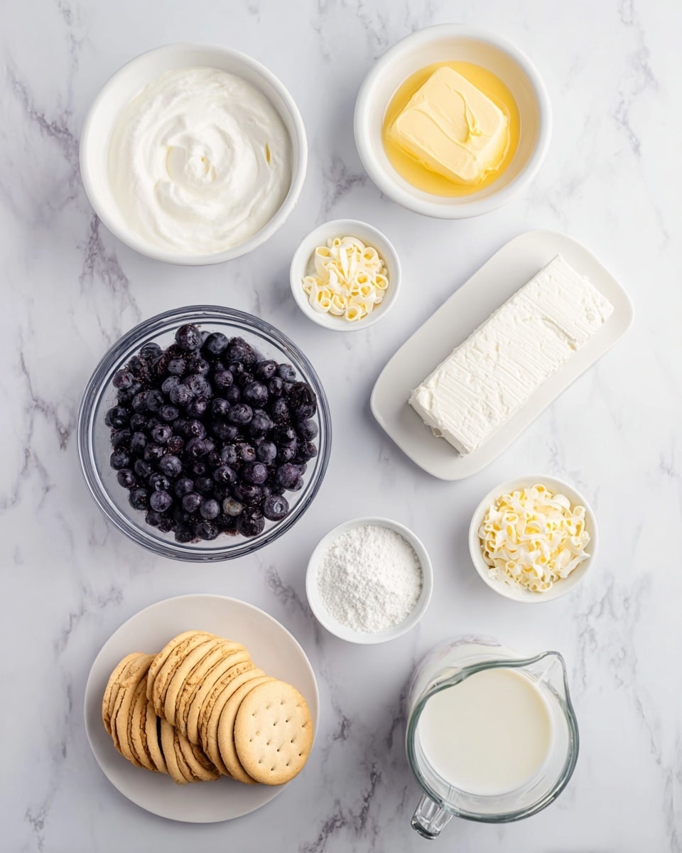 The image shows different ingredients arranged on a white marbled surface. In the center is a clear glass bowl filled with dark purple blueberries. To the top left is a white bowl with smooth, white cream, and next to it is a white bowl with melted yellow butter. To the right of the butter is a white plate holding two large blocks of white cream cheese. Below the cream cheese is a small white bowl with powdered sugar. To the left of the powdered sugar is a small white bowl with light yellow white chocolate curls. Below the blueberries is a clear glass bowl filled with stacked golden sandwich cookies. Finally, at the bottom right is a clear glass measuring cup filled with white milk. The scene is bright with soft shadows, and everything looks clean and fresh. photo taken with an iphone --ar 4:5 --v 7