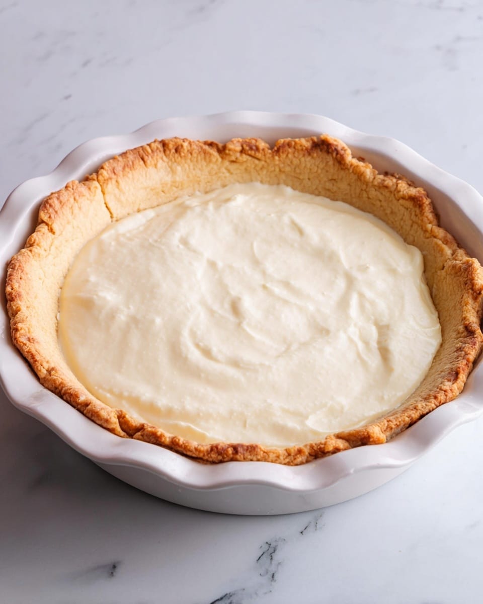 A white pie dish holds a pie with one visible layer, a golden-brown crust around the edge that is fluted and slightly raised, and a smooth, creamy white filling spread evenly inside the crust. The pie sits on a white marbled surface, highlighting the warm tones of the crust and the creamy texture of the filling. The image focuses on the pie, showing its crisp crust and soft filling clearly, with no other objects in the frame. photo taken with an iphone --ar 4:5 --v 7