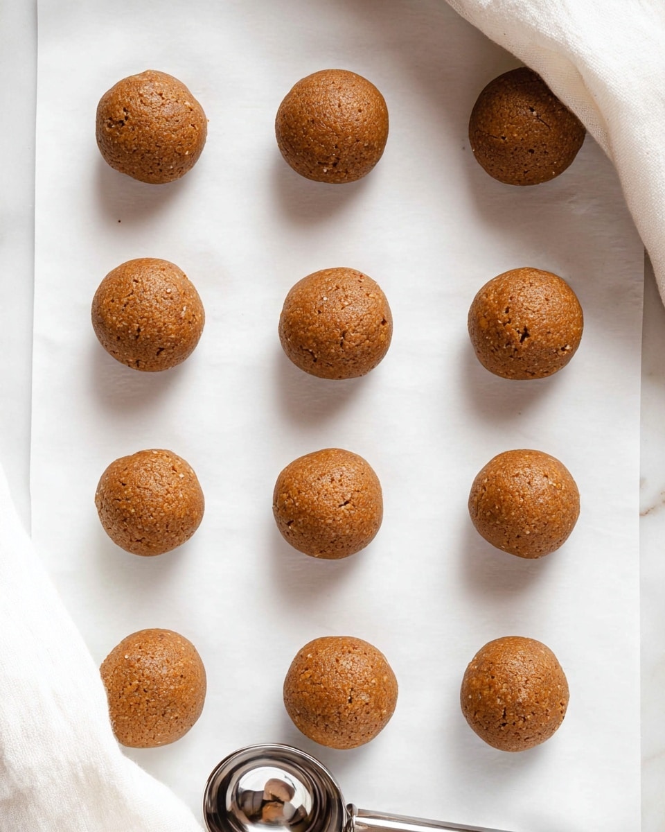The image shows twelve round balls of brown cookie dough evenly spaced on a sheet of white parchment paper over a white marbled surface. The dough balls have a rough texture with small cracks and are arranged in neat rows. In the bottom right corner, a shiny silver scoop rests on the parchment paper next to one dough ball, adding a metallic contrast. Part of a white cloth is softly draped in the upper corners of the image, framing the dough balls with a light fabric texture. The overall look is clean and organized with warm, earthy tones of the dough against the bright white background. photo taken with an iphone --ar 4:5 --v 7