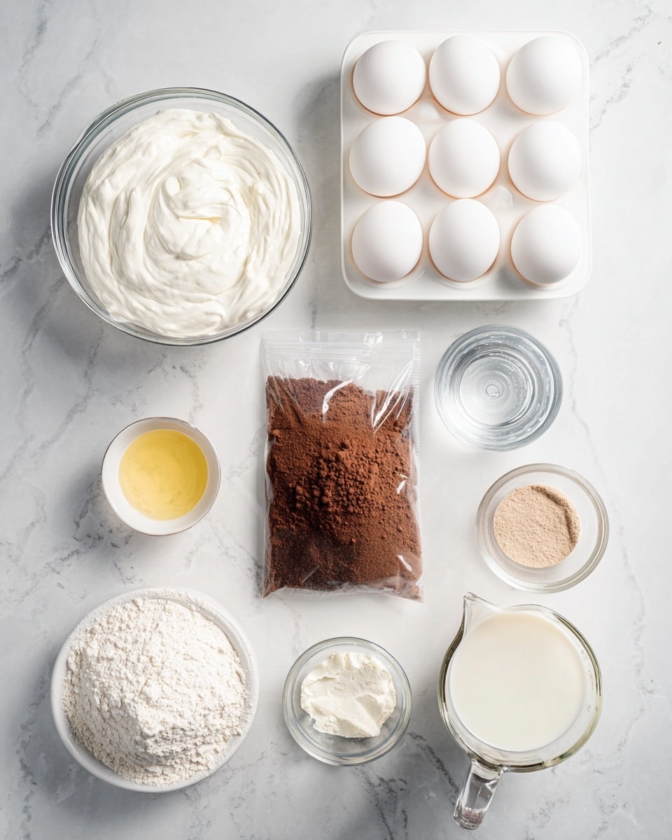 A top-down view of various baking ingredients neatly arranged on a white marbled surface. At the top left, there's a clear glass bowl filled with smooth white whipped cream, next to six white eggs in a white tray. To the right, a glass measuring cup with clear water is visible. In the center, a clear plastic bag holds brown cocoa powder. Around the cocoa, there are small white bowls and containers holding white sugar, pale yellow oil, light brown powder, and white flour. At the bottom right, a glass measuring cup is filled with white milk. The whole setup looks clean, bright, and organized, with a focus on different textures and soft colors. photo taken with an iphone --ar 4:5 --v 7