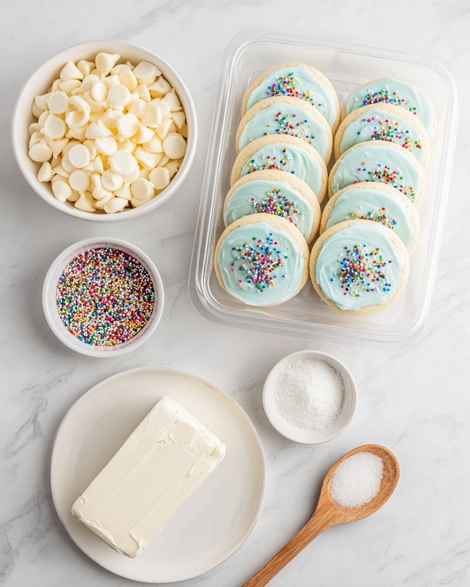 The image shows a clear plastic container holding nine round cookies arranged in two rows. Each cookie is pale beige with a smooth texture and topped with light blue frosting sprinkled with small, colorful round confetti. To the left, there is a white bowl filled with creamy white chocolate chips, and beside it, a smaller white bowl contains multi-colored tiny round sprinkles. Below, a white plate holds a block of soft white cream cheese, and next to it is a wooden spoon filled with white granulated sugar. All items are placed on a white marbled surface. Photo taken with an iphone --ar 4:5 --v 7