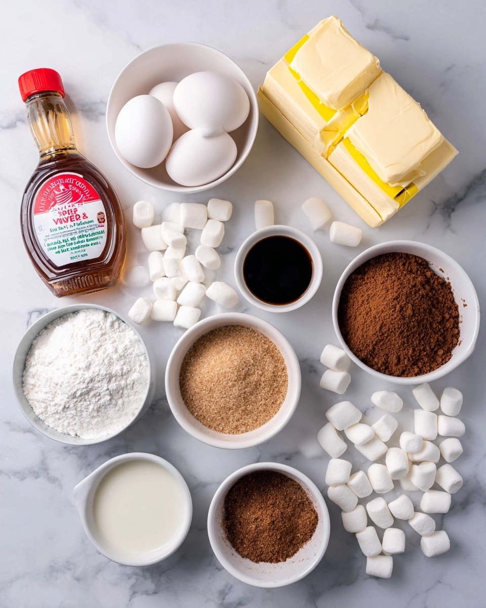 A top-down view of various baking ingredients arranged on a white marbled surface: two whole eggs in a small white bowl, a bottle of light corn syrup with a red and white label lying flat, a pile of white marshmallows scattered around, a white bowl filled with layers of white flour, cocoa powder, and baking powder, another white bowl with brown sugar, a small white bowl with milk, another small white bowl containing vanilla extract, two sticks of salted butter stacked on top of each other, and a smaller white bowl holding a mix of cocoa powder and powdered sugar. Photo taken with an iphone --ar 4:5 --v 7