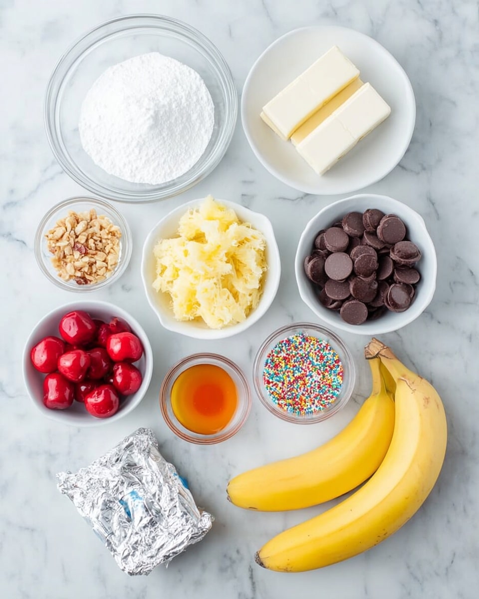 The image shows several bowls and items neatly arranged on a white marbled surface. Starting from the top left, there is a clear glass bowl filled with white powdered sugar. To the right of it, two rectangular white sticks of butter are placed side by side. Below the powdered sugar, a white bowl contains crushed pineapple with a yellowish texture. Next to it, a small clear bowl holds crushed nuts in a light brown color. A tiny white bowl with orange liquid, likely vanilla extract, is positioned to the right of the nuts. Below the pineapple, a white bowl contains bright red cherries with stems. Next to the cherries, a white bowl filled with round dark chocolate discs is visible. A small clear bowl with colorful round sprinkles is placed near the chocolate. Towards the bottom right, a silver wrapped package, probably cream cheese, sits next to two whole yellow bananas lying side by side. photo taken with an iphone --ar 4:5 --v 7