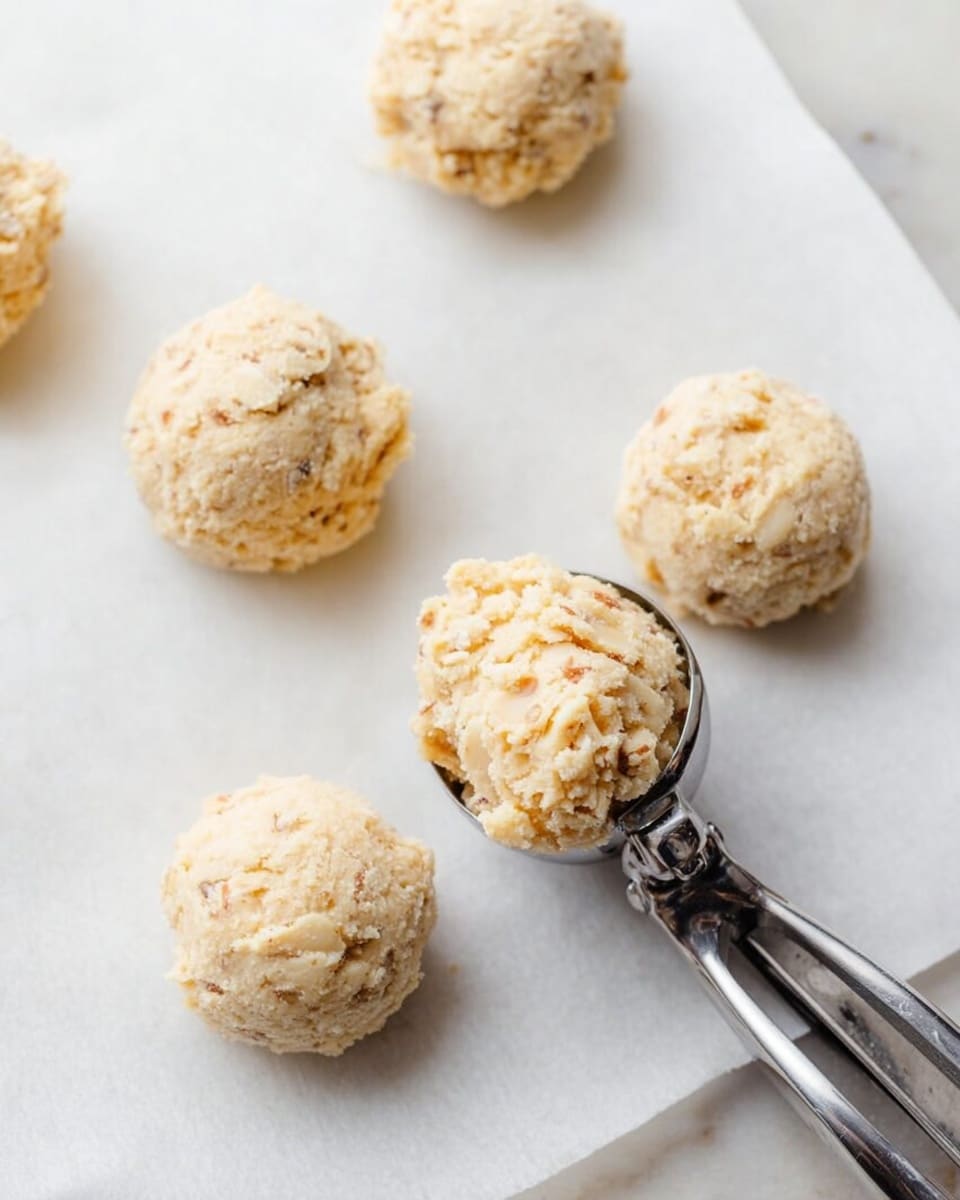 The image shows five rounded scoops of cookie dough placed on white parchment paper over a white marbled surface. Each dough scoop is rough-textured, creamy beige with small bits of nuts or oats visible. In the foreground, a silver ice cream scoop is holding one dough ball, pressing slightly against it and showing the dough’s soft and slightly chunky texture. The overall look is simple and fresh with natural creamy tones. photo taken with an iphone --ar 4:5 --v 7