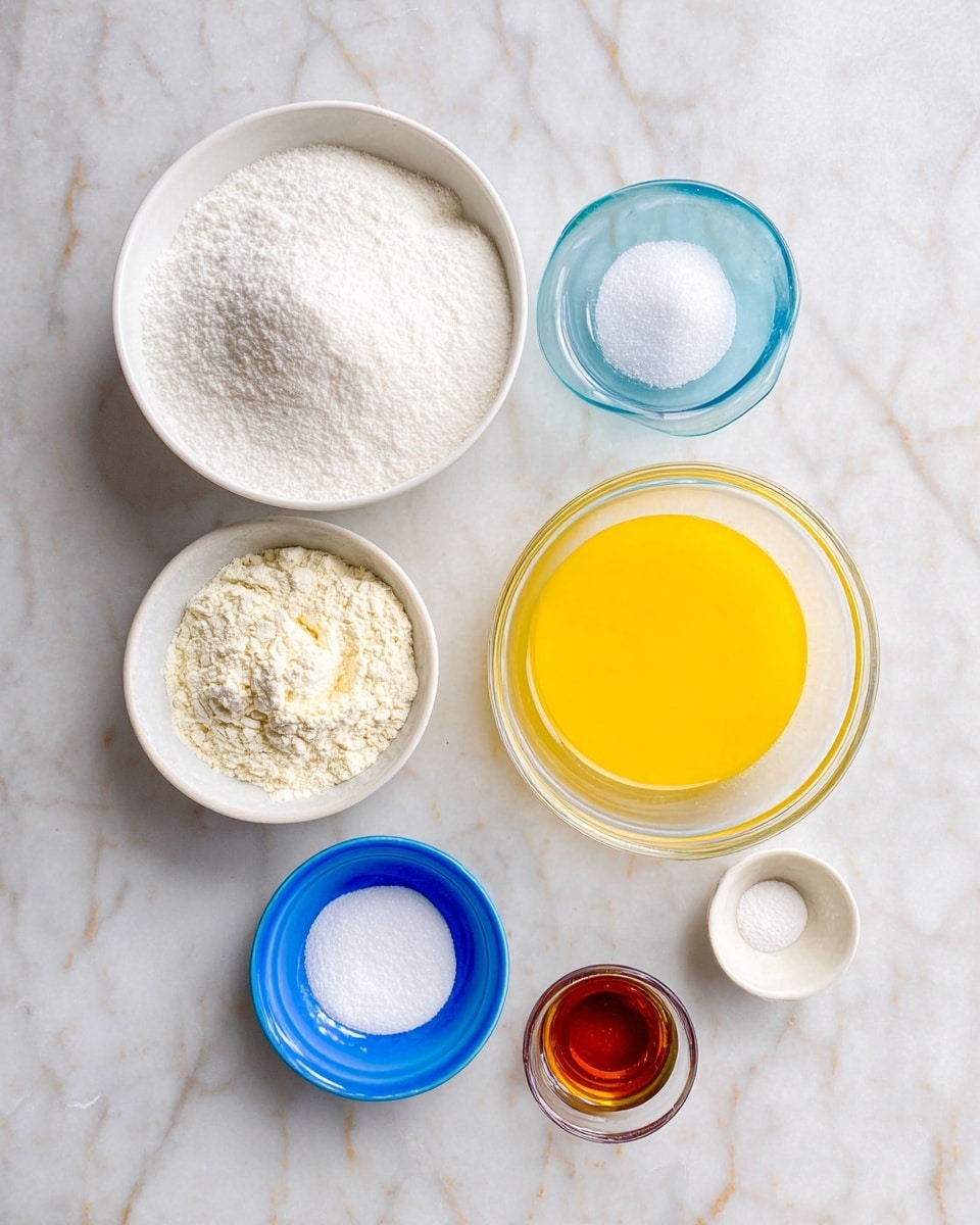 A top-down view of seven small white and clear bowls arranged on a white marbled surface, each bowl holding a different ingredient: one large white bowl filled with white granulated sugar, a large clear bowl containing bright yellow liquid egg whites, a medium clear bowl with white flour, two small blue bowls with white powdery salt and baking powder, a small white bowl with amber-colored vanilla extract, and an empty small white bowl. The bowls are nicely spaced in a loose cluster against the marble background. Photo taken with an iphone --ar 4:5 --v 7