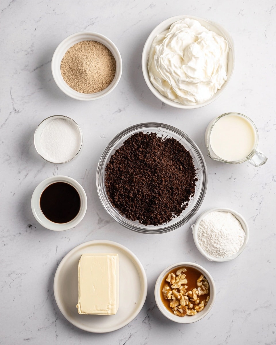 This image shows nine small white bowls and a white plate with different ingredients arranged on a white marbled surface. In the center is a clear glass bowl filled with dark brown, finely crushed cookie crumbs. Around it, starting from the top, there is a white bowl with light brown powder, a glass measuring cup with white milk on the right, a white bowl with pale yellow liquid below it, a white bowl with chopped nuts to the bottom right, a white bowl with light brown caramel sauce at the bottom center, a small white bowl with white powdered sugar to the left of the caramel, a white plate with a thick slab of cream cheese to the left of the powdered sugar, a small white bowl with dark chocolate syrup above the plate, and a large white bowl with thick white whipped cream to the upper left side of the crushed cookies. The white marbled background is smooth and clean. photo taken with an iphone --ar 4:5 --v 7