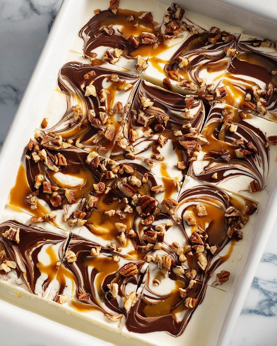 A white rectangular dish filled with a creamy white base layer topped with swirls of deep brown chocolate sauce and golden caramel sauce, mixed together in a marbled pattern. Over the swirled sauces are scattered medium-sized light to dark brown chopped pecan pieces. The dish is cut into triangular slices, showing the creamy white base underneath the sauce and nuts. The background is a white marbled surface. photo taken with an iphone --ar 4:5 --v 7