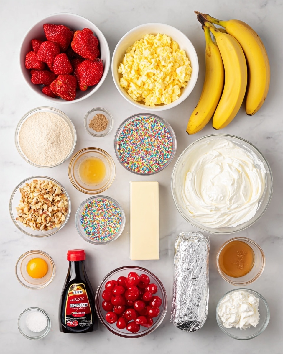 The image shows an overhead view of various colorful ingredients arranged neatly on a white marbled surface. There are fresh red strawberries in a white bowl at the top left, scrambled yellow eggs in a white bowl to the right of the strawberries, and three yellow bananas placed to the right of the eggs. Below the strawberries is a white bowl filled with light brown crumbs, next to it is a white bowl filled with white powdered sugar. Small clear bowls contain chopped nuts and rainbow sprinkles, placed side by side to the right. A stick of butter wrapped in silver foil is placed near the bottom right, with a large white bowl of thick cream beside it. Near the bottom left, there's a black bottle of dark chocolate Torani sauce, a small glass bowl with orange vanilla extract, a small bowl with a yellow liquid, and another small bowl with salt. A white bowl of bright red cherries and a clear bowl with white whipped cream are also visible near the center. The ingredients are cleanly arranged and well lit. Photo taken with an iphone --ar 4:5 --v 7
