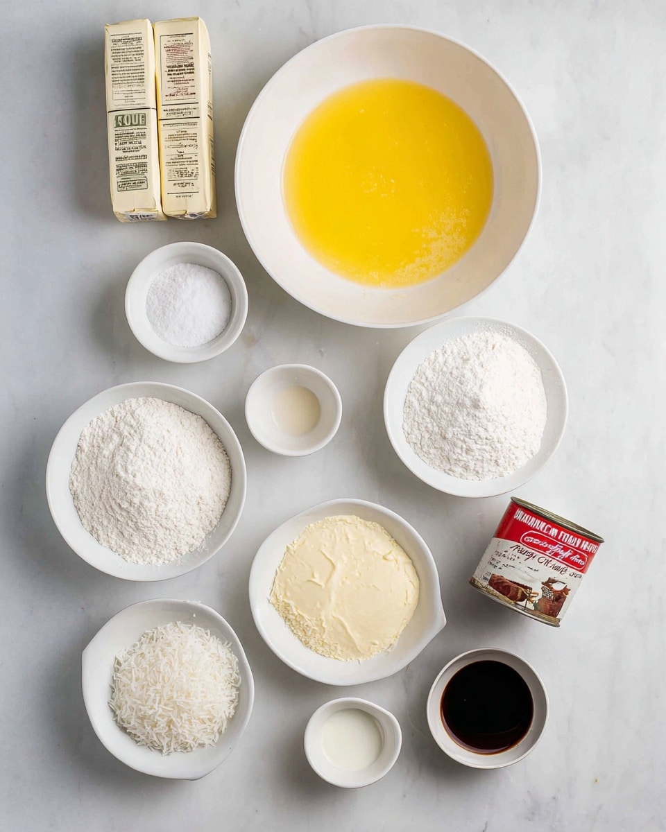 The image shows various baking ingredients neatly arranged on a white marbled surface. There is a large white bowl filled with bright yellow melted butter in the center. Surrounding it are smaller white bowls containing white granulated sugar, white flour, shredded white coconut, a pale cream substance with a smooth texture, and a pale beige powder. There are also two sticks of butter in paper wrappers placed side by side on the left. Additionally, four small white containers hold different dry ingredients including salt and baking powder. A small white bowl contains a dark liquid, possibly vanilla extract. A can of unsweetened coconut milk with a red and brown label is placed on the right side. The overall setup is clean and minimal with white bowls and containers creating a simple, bright look. Photo taken with an iphone --ar 4:5 --v 7