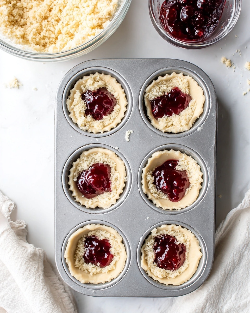A metal muffin tray holds six unbaked mini tart shells, each filled with a light beige, crumbly dough that forms the base and sides. Inside each tart shell is a dollop of deep red, shiny jam with a slightly thick and glossy texture, centered on the dough. The tray is set on a white marbled surface, with part of a glass bowl filled with pale yellow crumbly dough visible in the top left corner and a small clear bowl with more deep red jam in the top right corner. A white cloth is slightly visible at the bottom left corner. Photo taken with an iphone --ar 4:5 --v 7