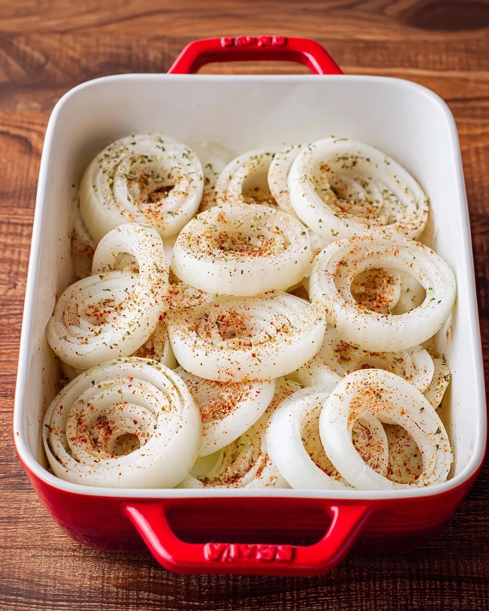 The image shows a white baking dish with a red handle filled with thick white onion rings spread out flat. The onion rings are stacked in one layer, with some overlapping. They are lightly sprinkled with a mix of spices, visible as small specks of red, black, and green on the smooth white surface of the onions. The baking dish sits on a wooden table, but the background should appear as a white marbled texture. photo taken with an iphone --ar 4:5 --v 7