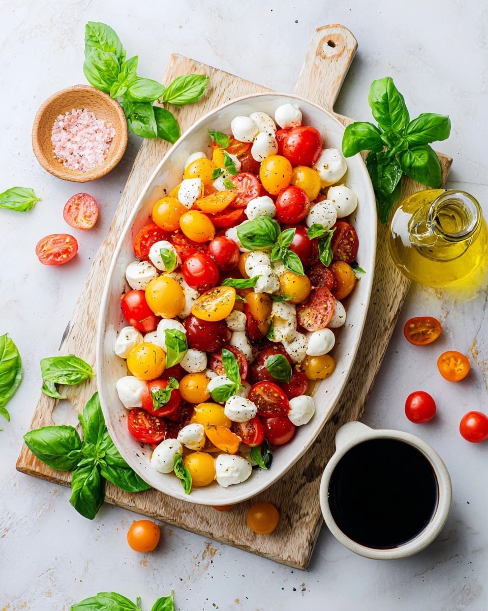 A white oval plate on a white marbled texture holds a colorful salad made of two layers: the bottom layer is a mix of halved red and yellow cherry tomatoes with smooth shiny skins, and the top layer consists of small white cheese balls and fresh green basil leaves scattered evenly. Around the plate, there are extra cherry tomatoes, fresh basil leaves, and two small containers on a light wooden board—one with pink salt and black pepper, and the other with golden olive oil in a clear glass bottle. A small white bowl filled with dark balsamic vinegar is placed to the bottom right corner. The photo taken with an iphone --ar 4:5 --v 7