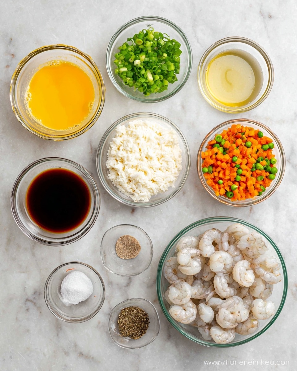 The image shows nine clear glass bowls arranged on a white marbled surface, each holding different ingredients. Starting from the bottom left and going clockwise, there is a bowl with a bright yellow beaten egg mixture, a bowl of white rice with a fluffy texture, a small bowl of chopped green onions, a bowl with a pale yellow liquid (likely oil), a bowl with dark soy sauce, a bowl with orange and green mixed diced carrots and peas, a small bowl with salt and black pepper, and a bowl filled with raw peeled shrimp that are light gray and plump. Photo taken with an iphone --ar 4:5 --v 7