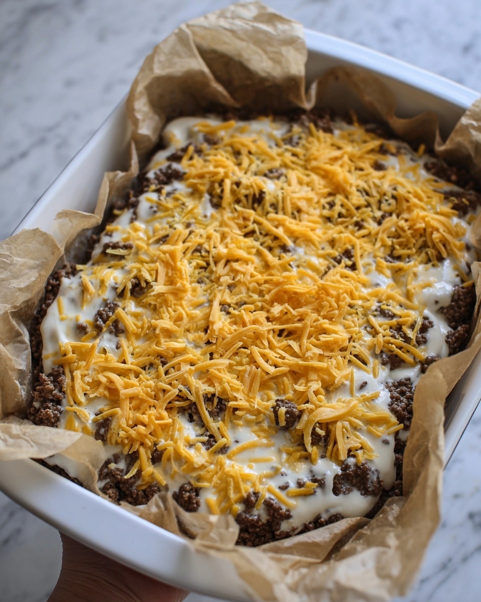 The image shows a white baking dish lined with brown parchment paper. Inside, there is a layered mixture starting with a base layer of cooked ground meat that has a dark brown color and crumbly texture. This meat is covered with a thick, creamy white sauce that partially hides the meat underneath. On top, there is a scattered layer of shredded orange-yellow cheese that adds a bright, textured contrast over the sauce. The dish appears ready to be baked with the cheese sprinkled unevenly across the surface. The photo is taken with a woman’s hand holding the dish over a white marbled surface. photo taken with an iphone --ar 4:5 --v 7
