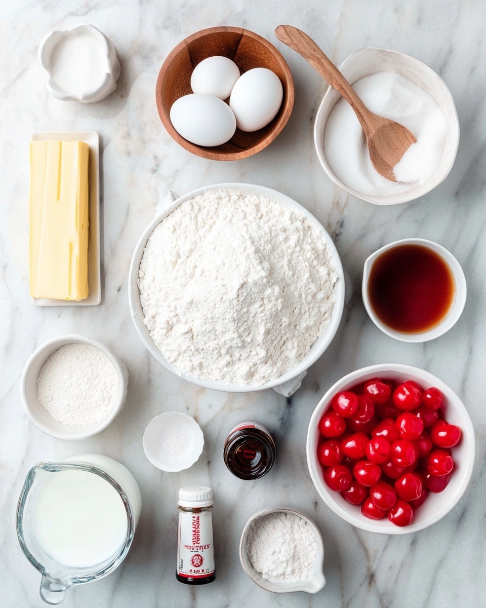 The image shows a flat lay of baking ingredients on a white marbled surface. In the center, there is a white bowl filled with white flour. Surrounding it, clockwise from the top left, are a stick of unsalted butter, a white bowl holding two white eggs, a wooden bowl of salt with a wooden spoon resting inside, a white bowl of milk, a small white bowl with a measuring cup filled with liquid, a white bowl filled with powdered sugar, a small dark bottle with a cork, a white bowl full of bright red cherries, a small white dish of baking powder, and a small bottle of almond extract. The colors are mostly white with bright red and brown accents. photo taken with an iphone --ar 4:5 --v 7