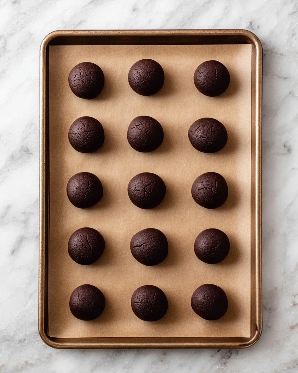 A baking tray lined with light brown parchment paper holds six rows and seven columns of dark chocolate dough balls, each perfectly round and smooth with a few small cracks on the surface. The dough balls are evenly spaced on the tray, showing a rich dark brown color and matte texture. The tray rests on a white marbled textured surface that enhances the contrast of the dark dough balls. photo taken with an iphone --ar 4:5 --v 7