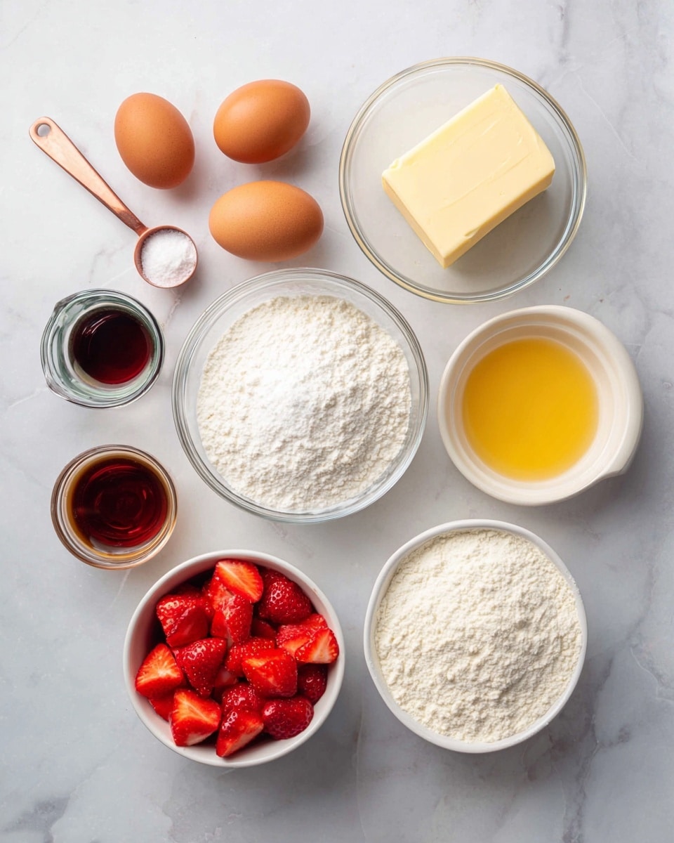The image shows an overhead view of various baking ingredients arranged neatly on a white marbled surface. There are nine distinct items: a small white bowl filled with chopped red strawberries in the bottom left, a copper measuring spoon with white powder (likely baking powder) to the left above the strawberries, three brown eggs placed near the center left, a small glass container with dark brown liquid near the eggs, a small glass pot of white flour in the center, a large glass bowl filled with white sugar near the top center, a medium white bowl with a stick of yellow butter to the right of the sugar, a clear glass bowl containing a yellow liquid (likely melted butter) below the small flour bowl, and a white bowl filled with white flour at the bottom right. The setup is clean and bright, emphasizing the colors and textures of each ingredient. Photo taken with an iphone --ar 4:5 --v 7