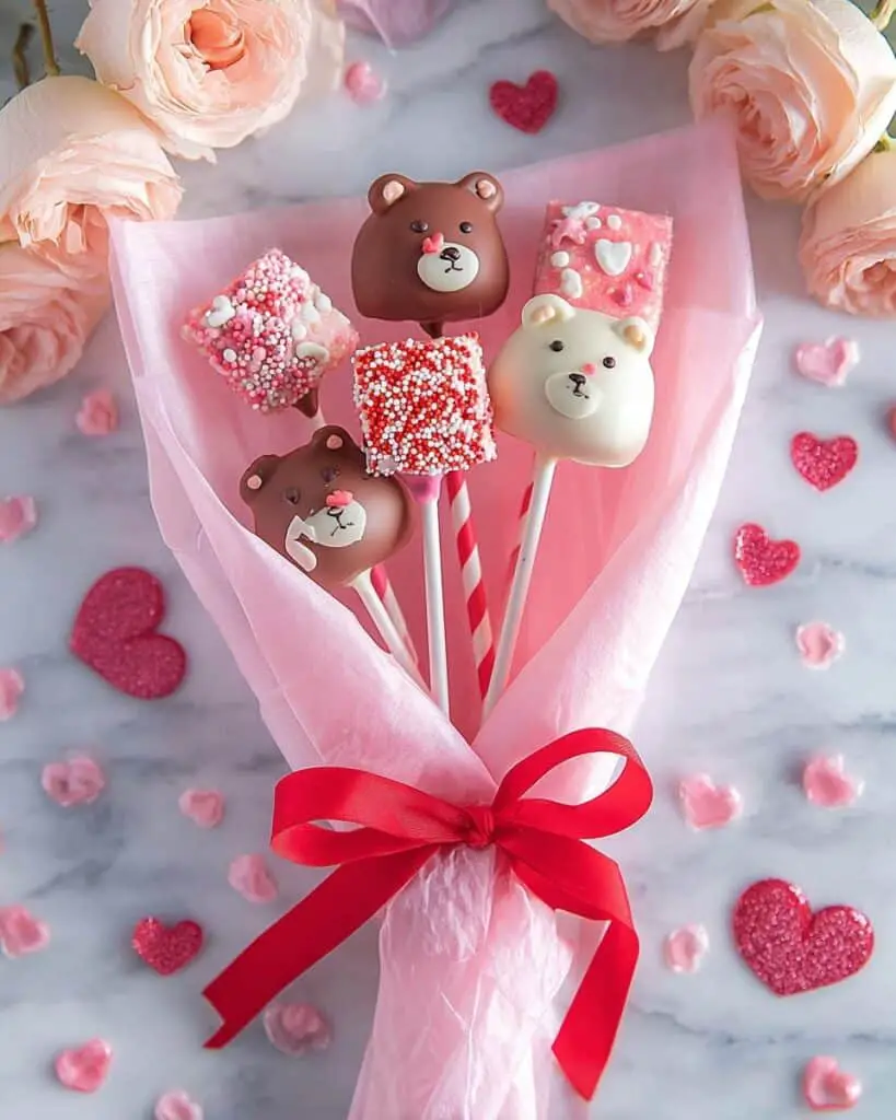 Valentine’s Marshmallow Bear Pops with Heart and Flower Decorations Recipe